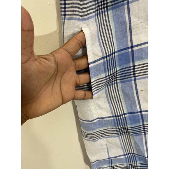 Linen Button Up Tunic Shirt Check Plaid Dress Coastal Cottage Resort Preppy - Picture 7 of 15